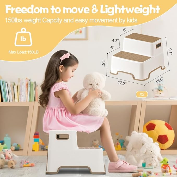 ZLMHYYM Toddler Step Stool for Bathroom sink, 2 Pack Step Stool for Kids, Plastic Potty Training Toilet Stepping Stools, Child and Baby Lightweight&No-Slip Two Step Stools for Kitchen(Off-White/Khaki)
