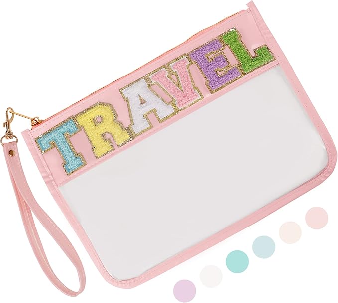 Iqimott Chenille Letter Clear Bag Travel Pouch, Monogram PVC & PU Makeup Cosmetic Bag Zipper Toiletry Pouch, Waterproof Portable Beach Snack Wristlet Bags for Women Girls(Travel, Pink)