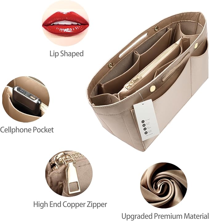 ZTUJO Purse Organizer Insert For Handbags, Silky Bag Organizer With 2 Zippers For Speedy Neverful Tote and More (Beige, X-Small)