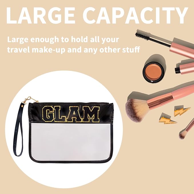 Iqimott Chenille Letter Bag Clear Flat Pouch, Monogram Glitter Letter Patch Makeup Cosmetic Bag Zipper Toiletry Pouch, Portable Travel Beach Snack Wristlet Bag for Women Girls(Black)