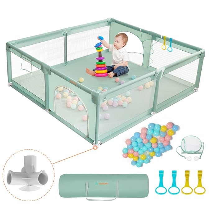 COMOMY Playpens for Babies and Toddlers, 63"x63" Playard Extra Large, Safe and Non-Slip Baby Fence, Full Mesh Design, Indoor & Outdoor Kids Activity Center, Baby Play Pens (Dark Green)