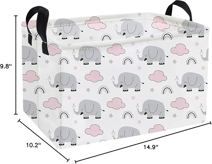Essme Rectangular Kids Baskets,Elephant Storage Basket with Handles for Boys Room Decor, Toy Box,Cute Storage Bin（Rainbow elephants）