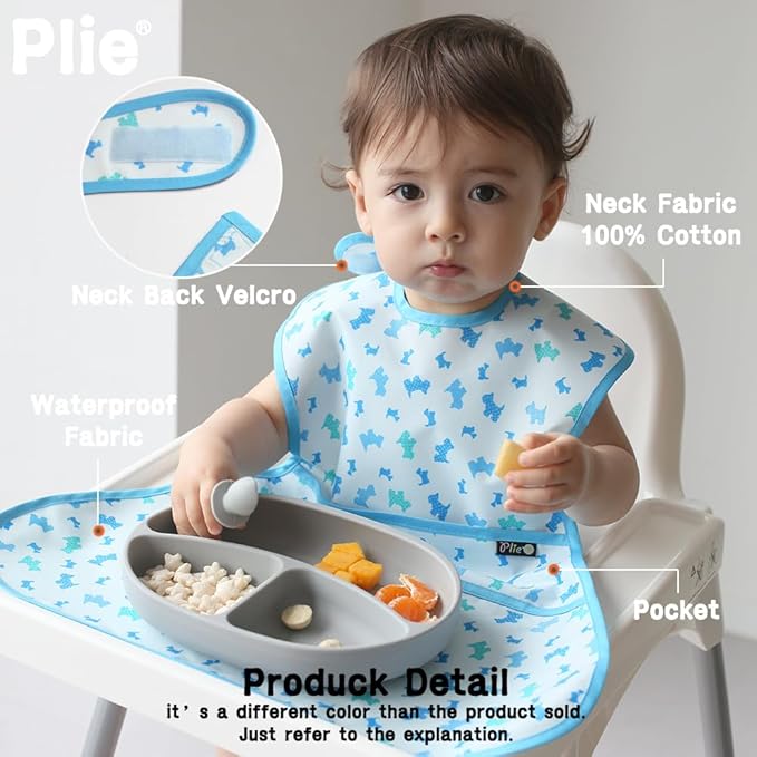 Plie Full Coverage Waterproof Feeding Bib for Toddlers – Extra Long Apron Bib for Mealtime, Self-Feeding, High Chairn