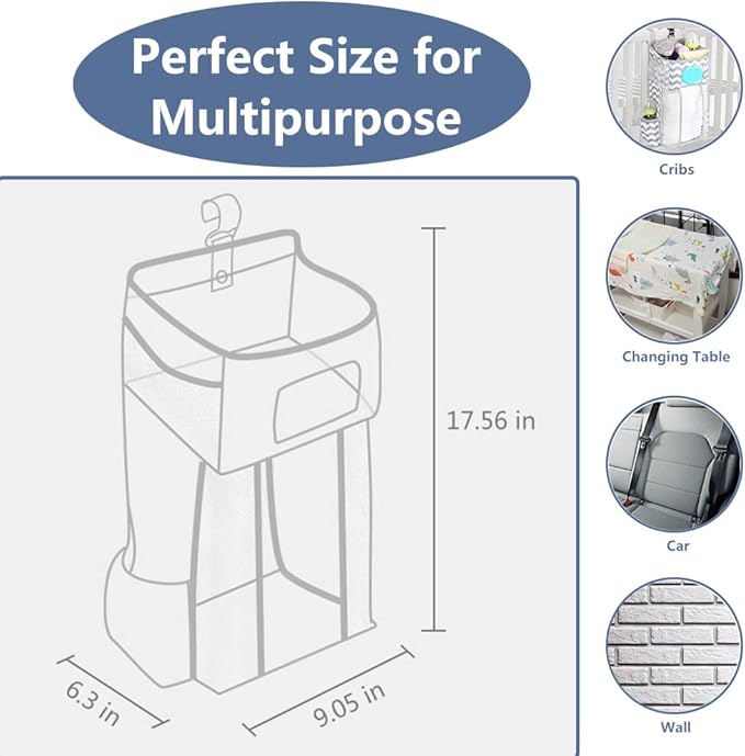 Hanging Diaper Caddy, Baby Bed Hanging Organizer, Nursery Organization Baby Diaper Holder, Diaper Stacker Storage for Crib, Playard, Changing Table or Wall (Gray&White)