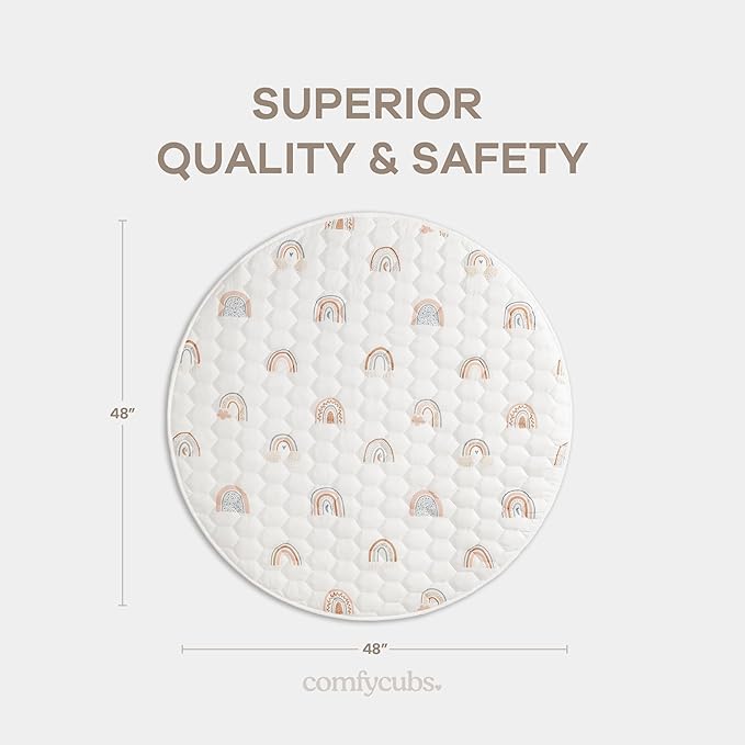 Comfy Cubs Round Kids Play Mat - Medium 48 inches Soft Quilted Baby Floor Mat with Non-Slip Bottom - Plush Design for Toddlers' Playtime - Comfortable and Durable - Rainbow