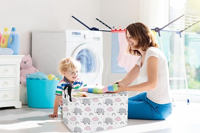 Essme Rectangular Kids Baskets,Elephant Storage Basket with Handles for Boys Room Decor, Toy Box,Cute Storage Bin（Rainbow elephants）