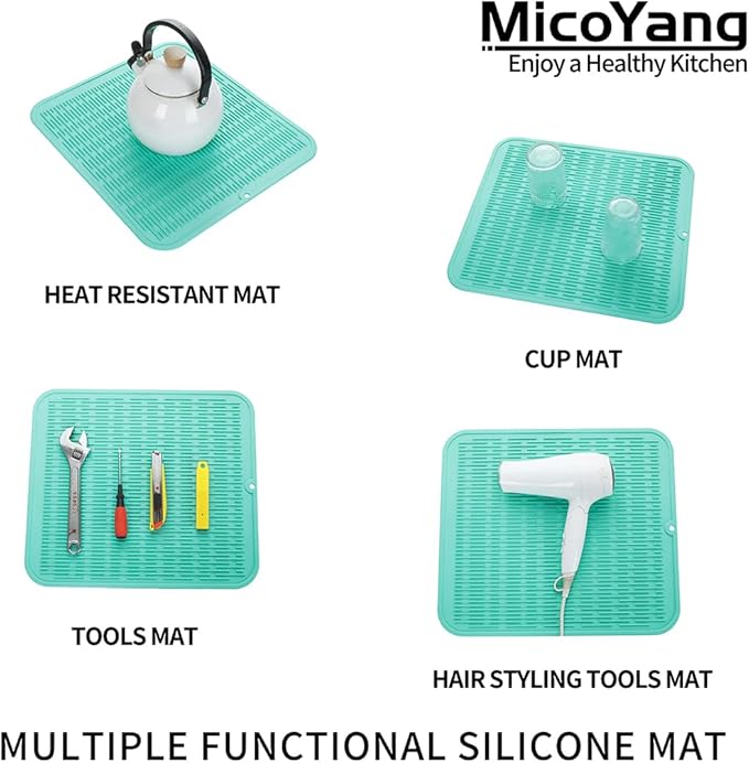 MicoYang Silicone Dish Drying Mat for Multiple Usage,Easy clean,Eco-friendly,Heat-resistant Silicone Mat for Kitchen Counter or Sink,Refrigerator or Drawer Liner Mint 2XL 24 inches x 18 inches