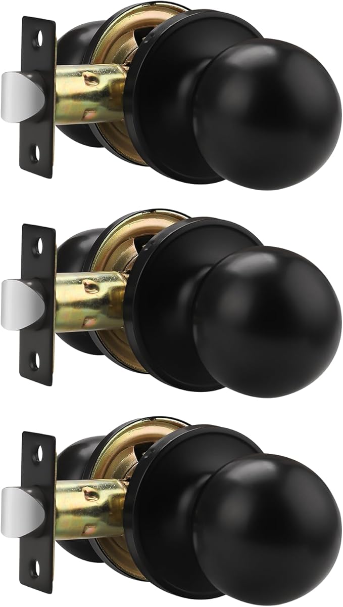 Knobonly 3 Pack Keyless Indoor Door Knob, Matte Black Passage Door Knobs, Interior Door Knobs, Stainless Steel
