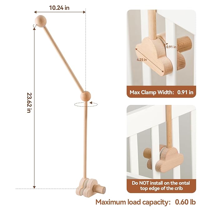OESSUF Baby Crib Mobile Arm, 24 Inch Adjustable Wood Hanger, White Cloud Design, Nursery Mobile Holder for Cot Bed (Wooden)