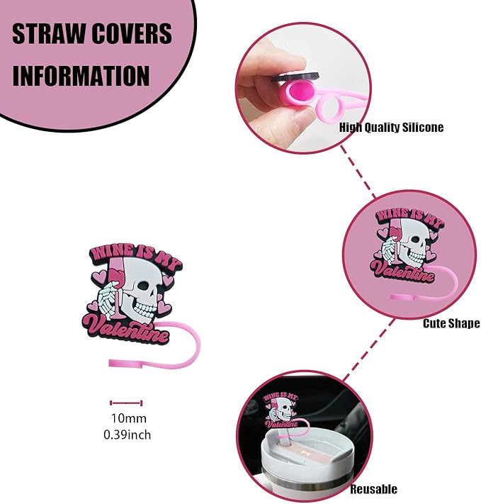 10Pcs Skull Straw Covers Cap for Stanley Cup, 0.4in/10mm Silicone Straw Toppers for Stanley 30&40 Oz Tumbler with Handle, Reusable Dust-Proof Drinking Straw Tips Lids,Cute Stanley Cup Accessories