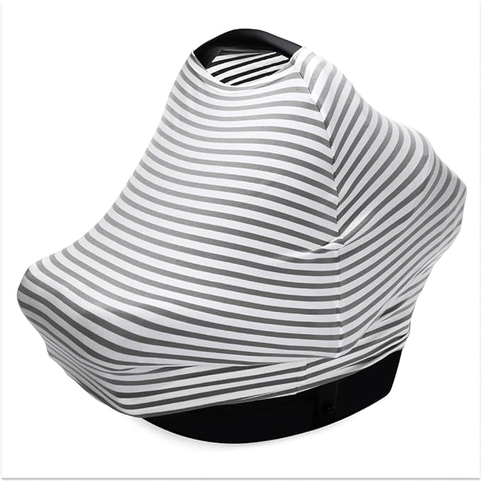 Parker Baby 4 in 1 Car Seat Cover for Girls and Boys - Stretchy Carseat Canopy, Nursing Cover, Grocery Cart Cover, High Chair Cover - Gray/White Stripes