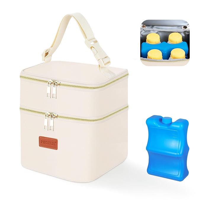 PIIOSER Insulated Baby Cooler Bag with Ice Pack, Fits 4 Baby Bottles Up to 5 Ounce, Portable Breastmilk Cooler Travel Bag with Buckle for Nursing & Working Mom Daycare (Cream-XS-1