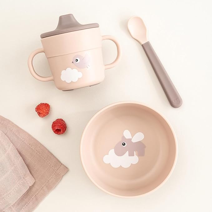 Done by Deer Foodie First Meal Set with Suction Base – Bowl, 2-Handle Spout Cup & Spoon – Happy Clouds Design in Powder – Baby Feeding Set for New Eaters – Dishwasher & Microwave Safe