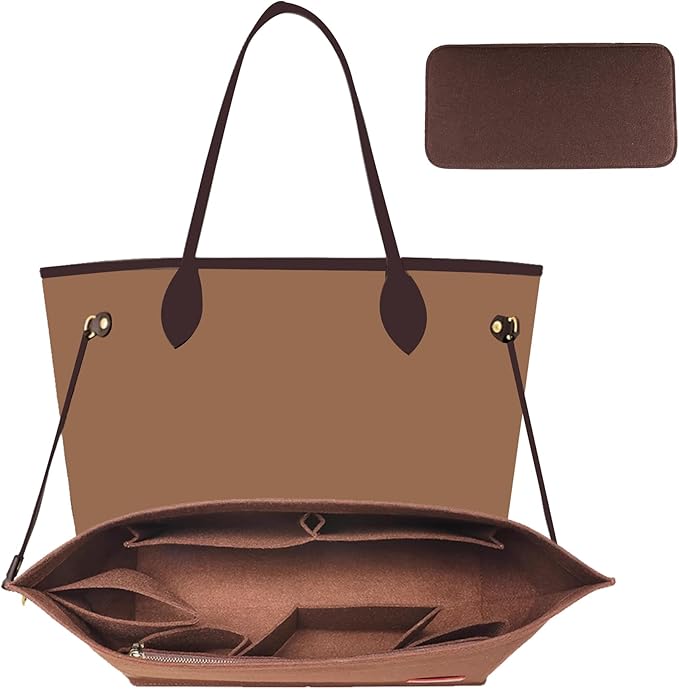 Purse Organizer Insert, Tote Bag Organizer Insert with Base Shaper,Felt Zipper Handbag Shaper Compatible with Neverfull MM Speedy 30, City 33 and More,Brown/L