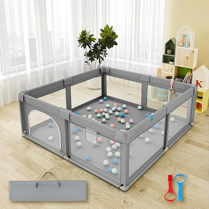 Large Baby Playpen,59" x 71" Baby Playard for Babies and Toddlers, babyFence Play Pens for Indoor & Outdoor, Sturdy Safety Play Yard with Soft Breathable Mesh, Anti-Fall (Grey)