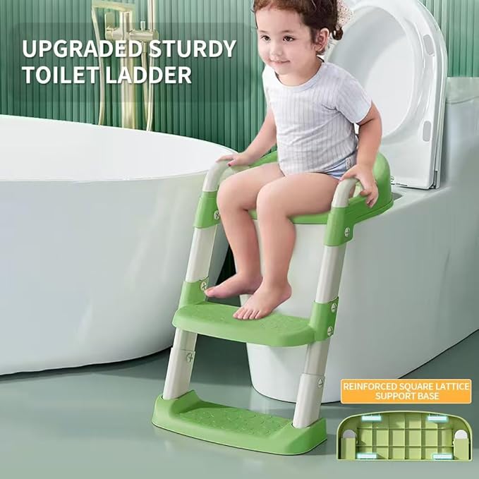 Potty Training Toilet Seat For Boys Girls, Toddler Toilet Seat With Step Stool Ladder, Foldable Toddler Potty Seat For Toilet With Non-Slip Design, Adjustable Height (Green & White)