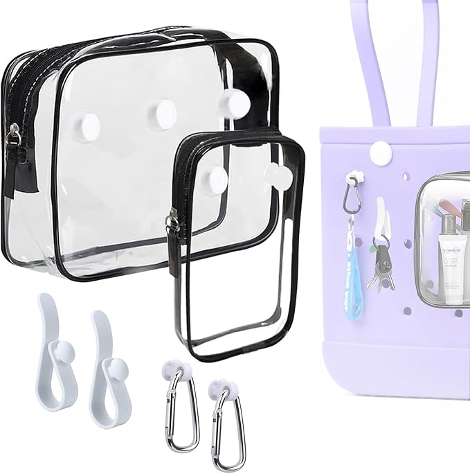 3 Packs Clear Bogg Beach Tote Bag with 2 Pack Insert Hooks Accessories for Bogg Bags Travel Makeup Clean Toiletry Brush Organizer Cosmetic Divider Storage Inner Pouch