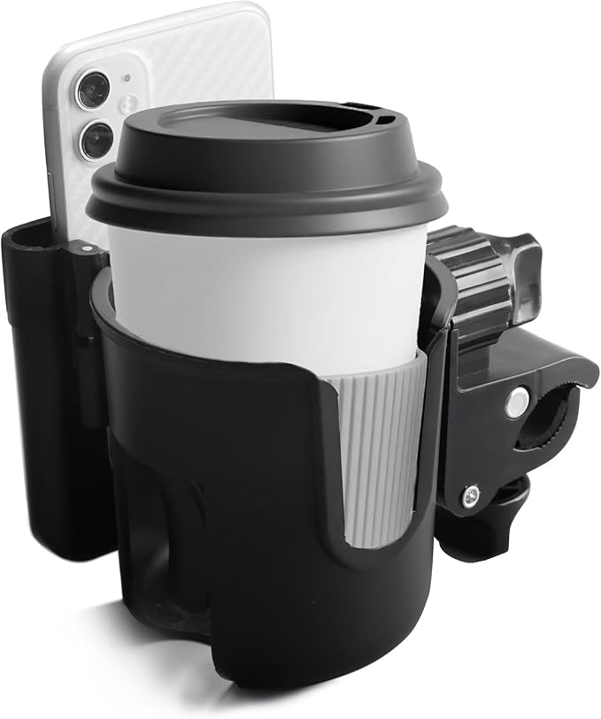 2-in-1 Walker Cup Holder with Reversible Phone Holder，Fit for Wheelchair, Rollator, Scooter, Bike, Mobility, Camper, Stroller with Sturdy,Rotatable,Adjustable and Anti - Slip Clip