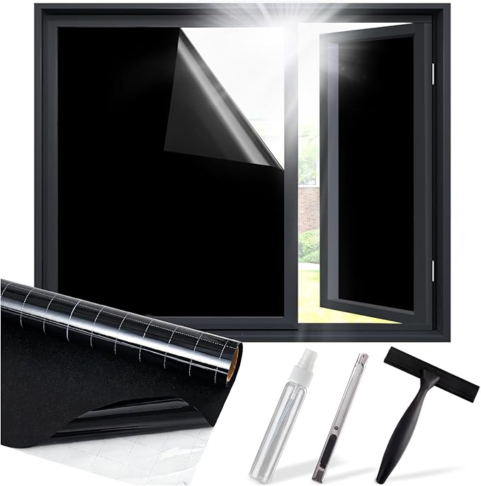SUNBABY Blackout Window Film, 100% Light Blocking for Daytime Sleep, Total Privacy & UV Sun Blocking, Static Cling No Glue Cover for Bedroom, Nursery, Home Theater, 23.6 x 78.7 Inch with 3 Tools