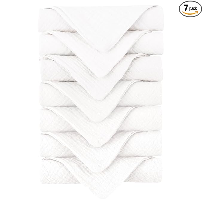 Konssy Baby Muslin Washcloths 7-Pack, 100% Cotton Baby Bath Washcloths, Soft & Absorbent Wash Cloths and Burp Cloths for Newborn Kids Girls & Boys, 11x11 inches