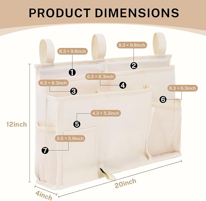 Bedside Caddy - Durable Oxford Fabric Bedside Storage and Bed Organizer，Hanging Bed Organizer for Bedroom，Bunk Bed，Dorm and Hospital (Beige)