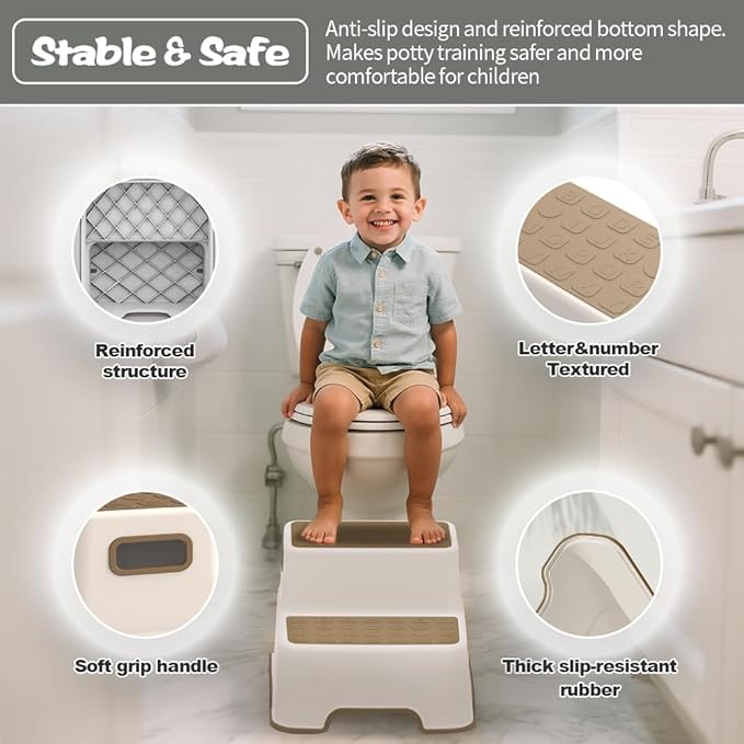 ZLMHYYM Toddler Step Stool for Bathroom sink, 2 Pack Step Stool for Kids, Plastic Potty Training Toilet Stepping Stools, Child and Baby Lightweight&No-Slip Two Step Stools for Kitchen(Off-White/Khaki)