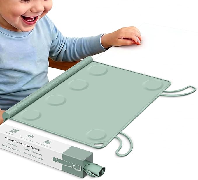 DZDOV Silicone Placemat for Toddler Eating: Wipe Clean & Roll Up in The Diaper Bag - Table Mat for Restaurant/Travel/On-The-Go