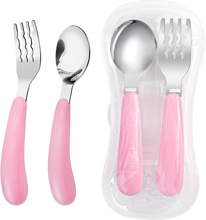 VANRA 2 Pieces Toddler Fork and Spoon Set with Travel Case 18/8 Stainless Steel Toddler Utensils Kids Silverware Children Flatware Child Cutlery Set for School Lunch Box (Pink)
