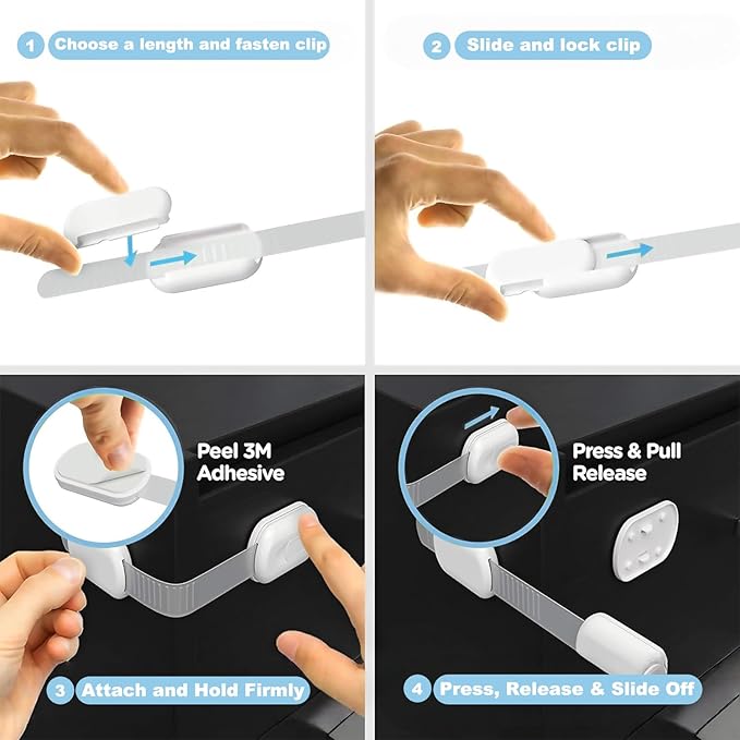 8-Pack Baby Locks Child Safety Cabinet Proofing Safe Quick and Easy Adhesive Cabinet Drawer Door Latches No Screws & Magnets for Drawers, Fridge, Dishwasher, Toilet Seat, Oven,Trash Can, No Drilling