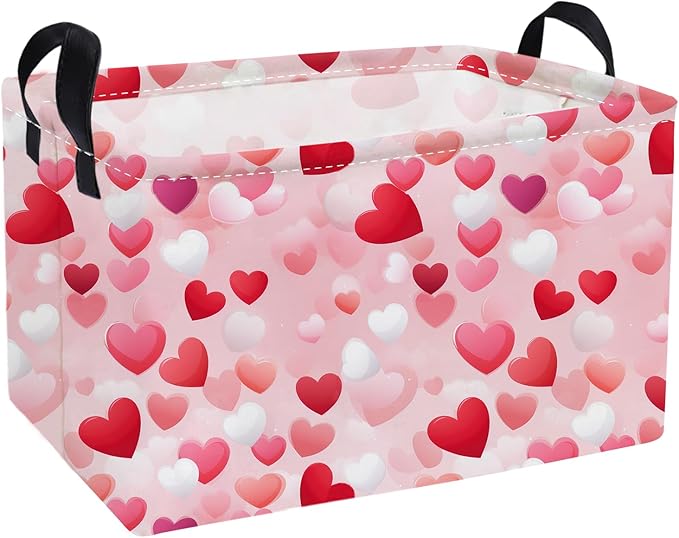 Essme Rectangular Valentine's Day Baskets Girls Storage Box,Pink Heart Storage Bins Organizer with Handles for Girls Room Decor,Gift Basket,Shelf Basket,(Romantic heart)