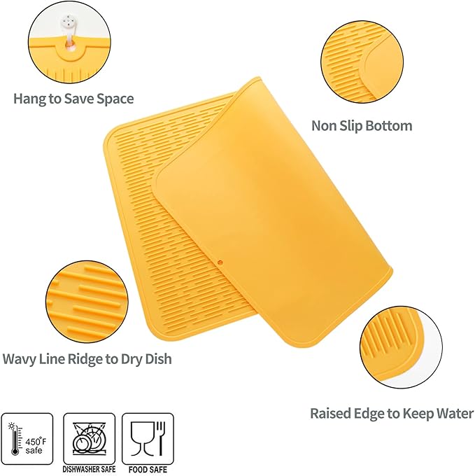 MicoYang Silicone Dish Drying Mat for Multiple Usage,Easy clean,Eco-friendly,Heat-resistant Silicone Mat for Kitchen Counter or Sink,Refrigerator or Drawer Liner Yellow 3XL 28 inches x 18 inches