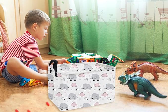 Essme Rectangular Kids Baskets,Elephant Storage Basket with Handles for Boys Room Decor, Toy Box,Cute Storage Bin（Rainbow elephants）
