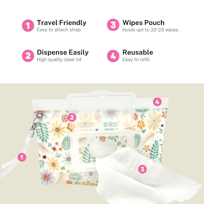 Baby Wipes Dispenser Portable & Refillable Wet Wipe Pouch Pack of 2 Reusable Wipes Holder and Wipe Container, Baby Essential, Makeup Wipe Travel Case - Regular Size, Floral Love