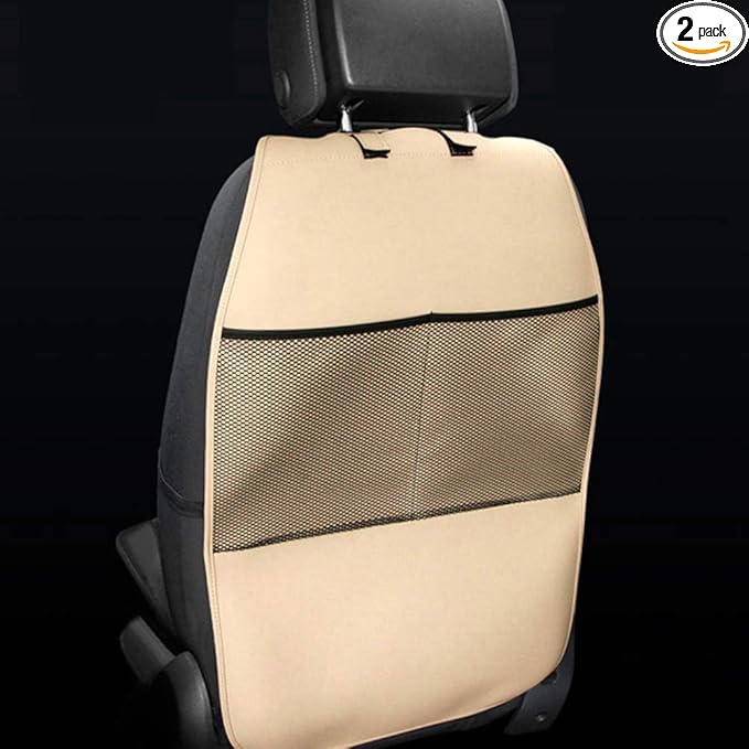 HCMAX 2 Pack Kick Mat Car Seat Back Protector Waterproof Easy to Clean Multifunctional Organizer Storage Bag Travel Accessory PU Leather Beige
