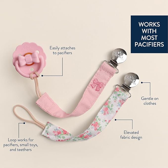 Itzy Ritzy Fabric Pacifier Strap – Universal Pacifier Clip Attaches to Clothing, Strollers & Bags - Keeps Pacifiers, Teethers & Toys Secure & Within Reach - Pack of 2 (Bows & Floral)