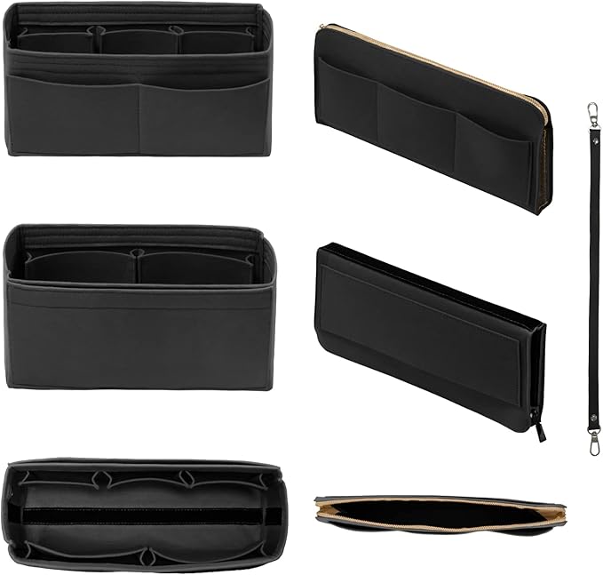 Purse Organizer Insert with Zipper Felt Bag Organizer Handbag Organizer Insert Bag in Bag Organizer with Key Chain for Tote Purse Bag Black Slender-Large