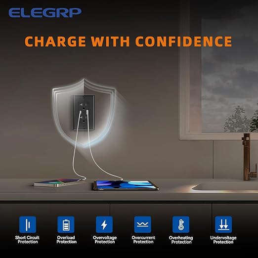 ELEGRP USB Wall Outlets, 20 Amp USB C Wall Outlets Receptacles, Outlets with USB A and USB C Ports, Tamper Resistant Receptacle, Wall Plate Included, UL Listed, 2 Pack, Black
