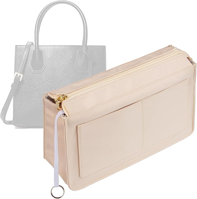 Vercord Purse Organizer Insert with Zipper for Women Hobo Handbags Shaper Insert 12 Pockets Bag Beige Large