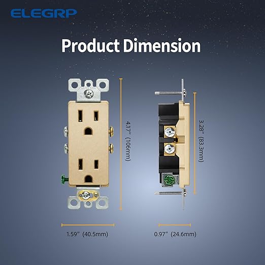 ELEGRP Matte Standard Decorator Electrical Wall Receptacle Outlet, 15A 125V, 2 Pole 3 Wire, Non Tamper Resistant, NEMA 5-15R, Self-Grounding, UL Listed (Champagne Gold, 2 Pack)
