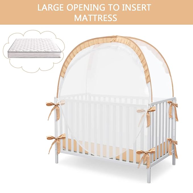 L RUNNZER Pop Up Baby Crib Tent, Safety Tent to Keep Toddler from Climbing Out, Canopy Against Falls and Bites, Netting with Breathable & Soft Mesh, Orange (R07-orange)