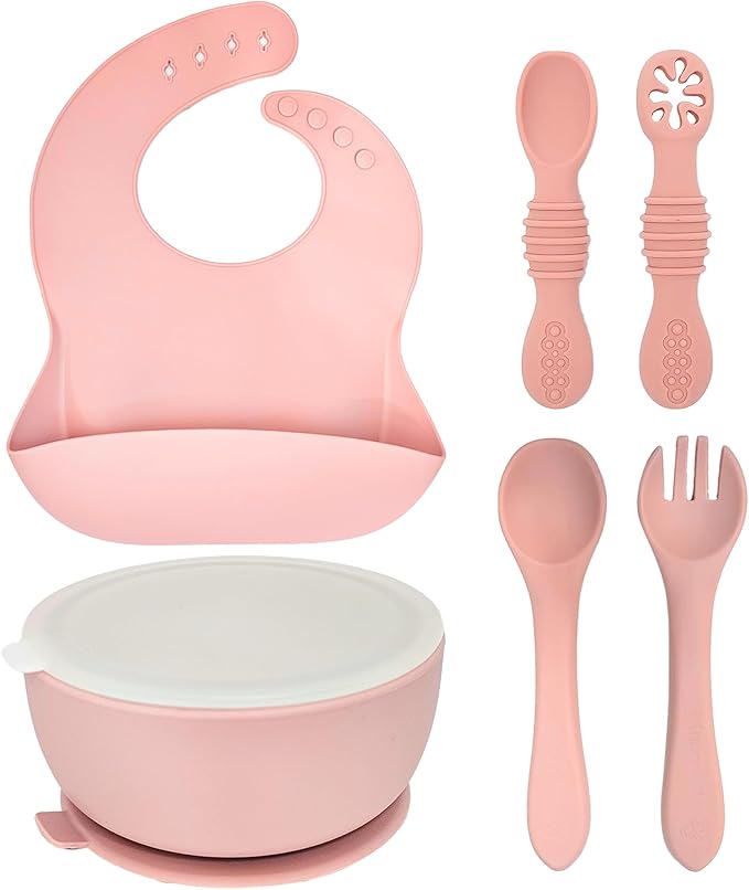 6 Piece Baby Bowls With Suction and Lids | Toddler Bowl Set with 1 Bowl, 1 Bib, 2 Baby Spoons, 1 Large Spoon, 1 Large Fork, Baby Feeding Essentials (1, Rose Quartz)
