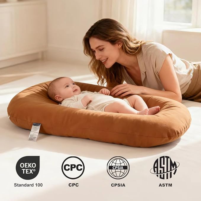 Infant Lounger, Baby Nest Cover, Soft Cotton and Waterproof Inner, Baby Floor Seat for Tummy Time, Baby Lounger for Newborn 0-24 Months, Essentials for Newborns (Brown)