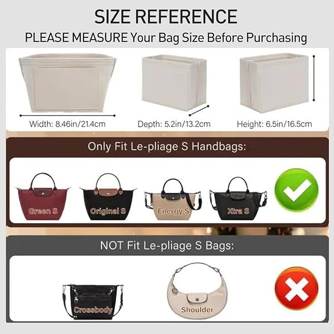 Felt Purse Organizer Insert Compatible with Longchamp Le Pliage S Hangbag, Zipper Long Champ Small Handbag Organizer with Cup Holder, 7 Compartments Bag Insert(Beige,S)