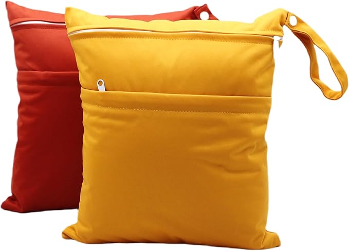Asenappy 2pcs Cloth Diaper Wet Dry Bags Waterproof Reusable with Two Zippered Pockets Travel Beach Pool Daycare Soiled Baby Items Yoga Gym Bag for Swimsuits or Wet Clothes (3036-2-ginger)