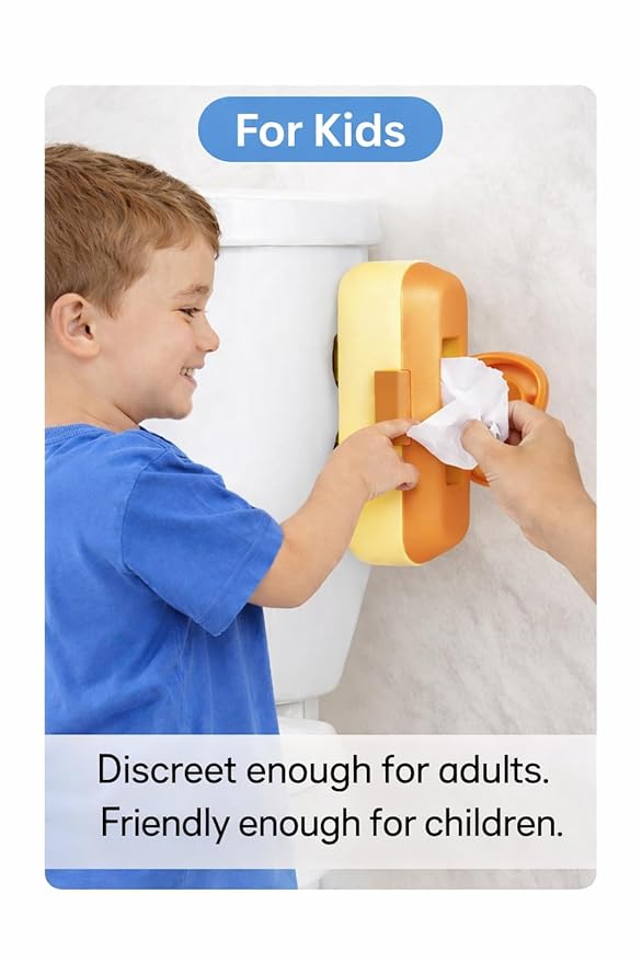 Kids Flushable Wipes Dispenser – Fits Standard Size Flushable Wipes Only – No-Drill Suction Mount, Yellow Potty Training Bathroom Wipe Holder