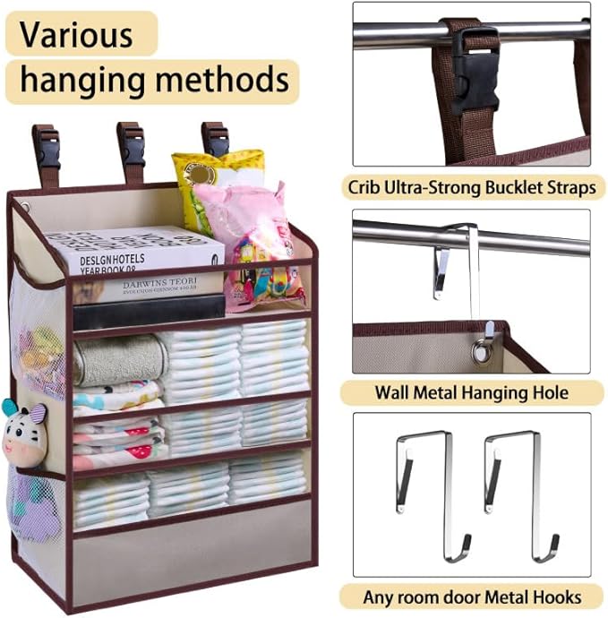 WishJazz XL Hanging Diaper Caddy Organizer for Changing Table, Crib, Playard, Wall, Reinforced 3-Tier Diaper Caddy with Mesh Pockets， Nursery Organizer-Hold 90+Diaper for Newborn Baby Essentials