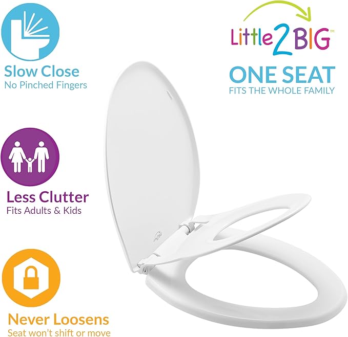 Little2Big Toilet Seat with Built-In Potty Training Seat, Slow Close, Durable Plastic, Made in USA, ROUND, White