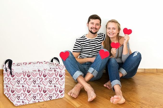 Essme Rectangular Valentine's Day Baskets Girls Storage Box,Heart Storage Bins Organizer with Handles for Girls Room Decor,Gift Basket,Shelf Basket,(Love you)