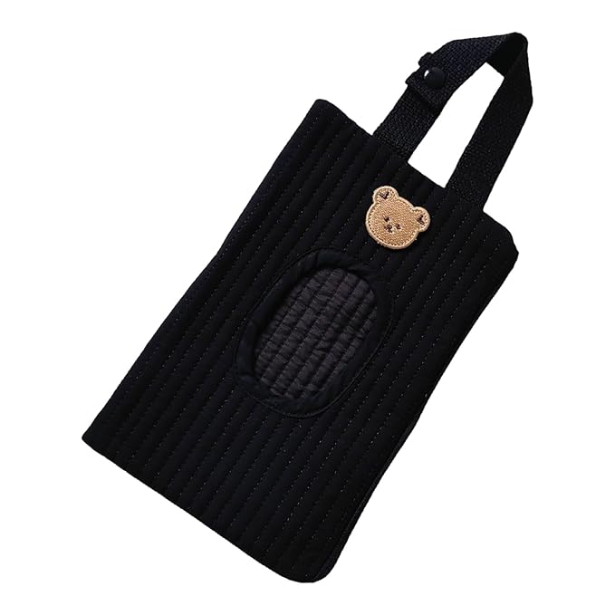 Quilted Baby Diaper and Wipes Pouch Portable Mommy Bag for Stroller Reusable Wipes Pouch with Lanyard for Casual Travel (Black Bear)