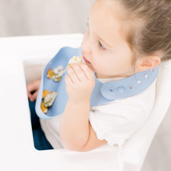 Bazzle Baby Silicone Bibs with Food Catcher - Rolls Up and Button closed for easy travel and storage Waterproof 2-Pk